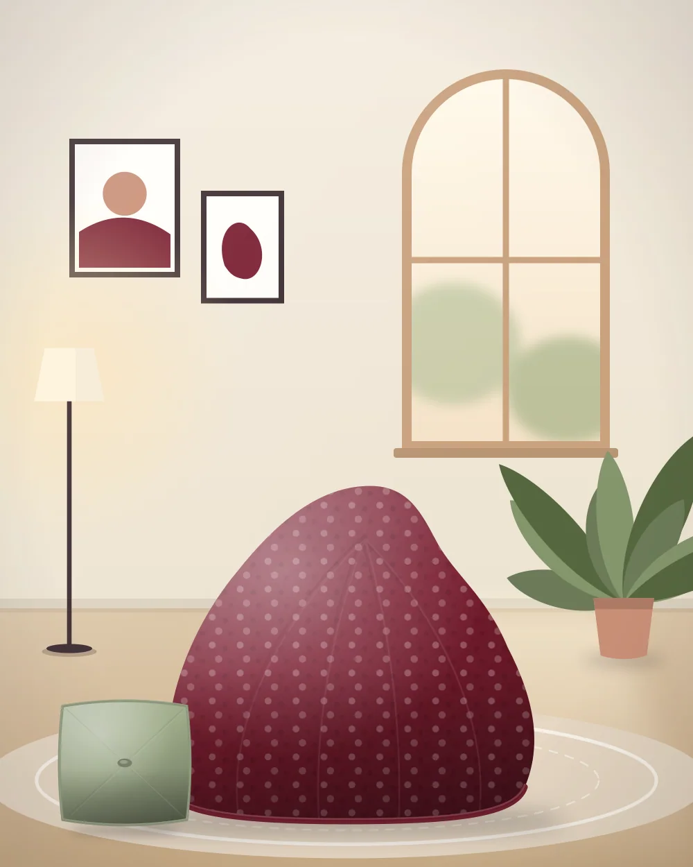 A textured burgundy Beanify bean bag in a warm, sunlit room